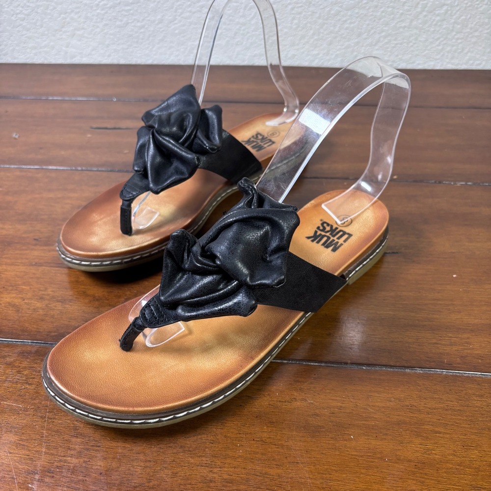 Muk Luks Thong Sandals Women Size 8 Black Rosette Bow Detail Flip Flops Casual